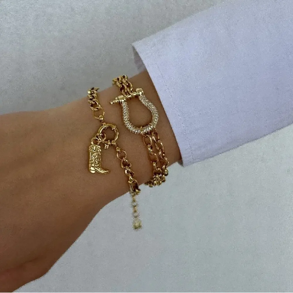Gold Zircon Horseshoe Chain Link Bracelet Horse Lovers Gift